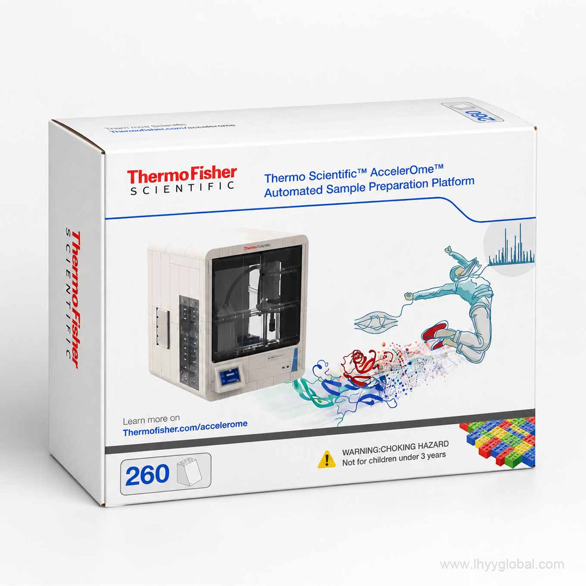 Custom Thermo Scientific AccelerOme building block model packaging box with branded artwork