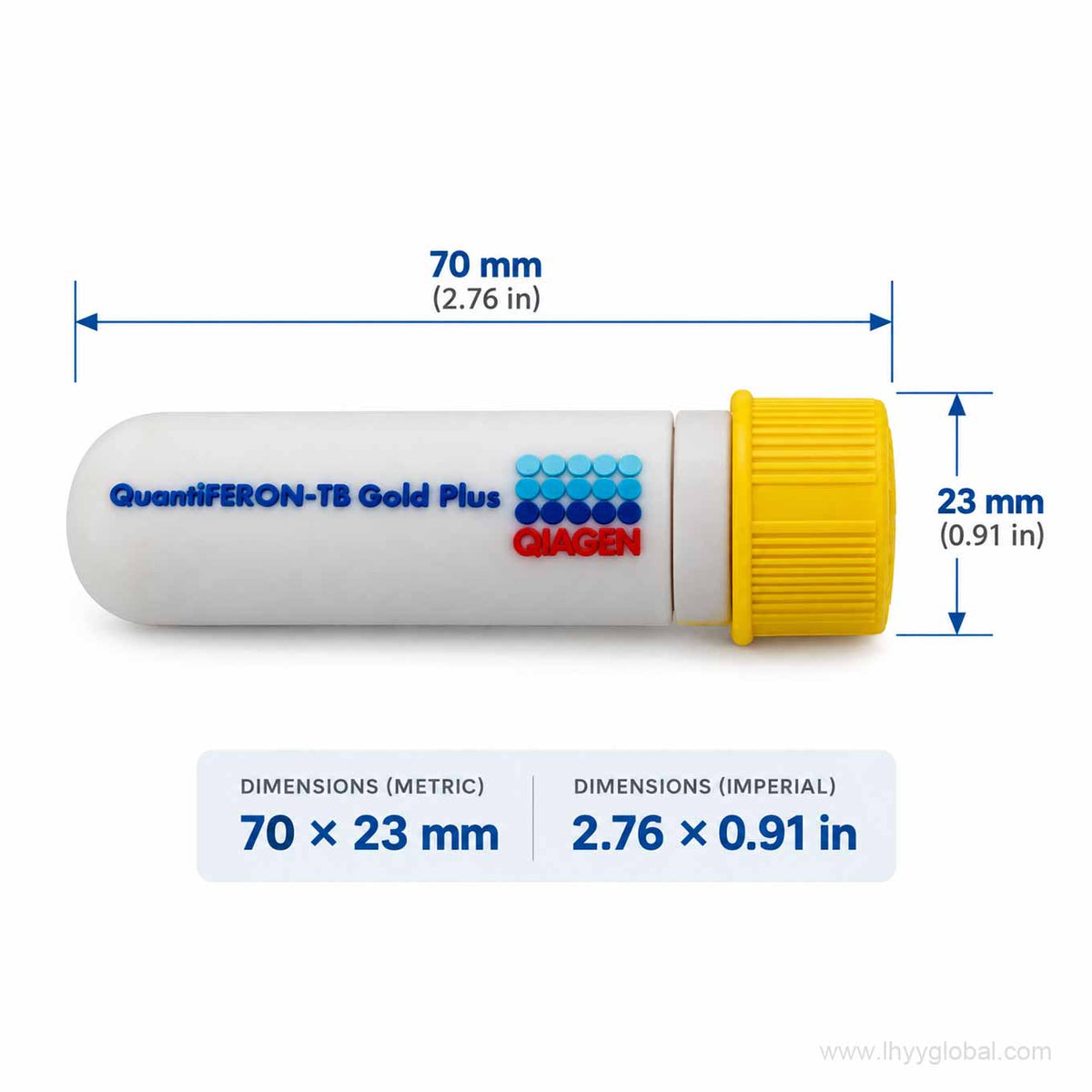 Custom QIAGEN USB flash drive dimensions 70 x 23 mm and 2.76 x 0.91 in