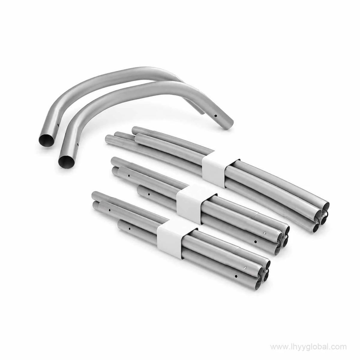 Aluminum tube frame poles and curved sections for a portable S-shaped tension fabric trade show backdrop