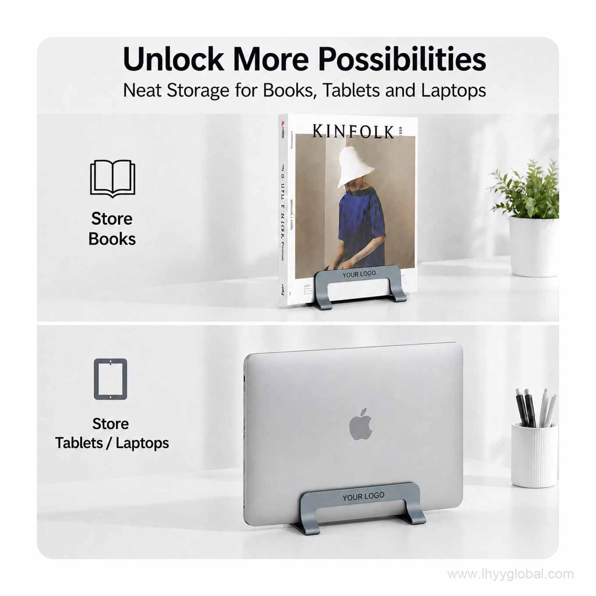 Custom logo vertical laptop stand used to store books, a tablet and a laptop upright on a desk