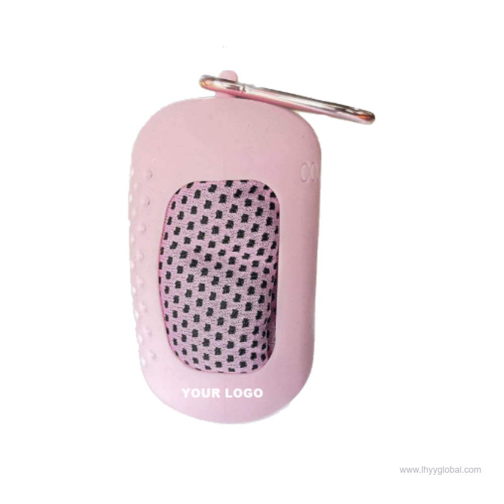 Pink portable cooling towel with matching compact storage case and carrying clip