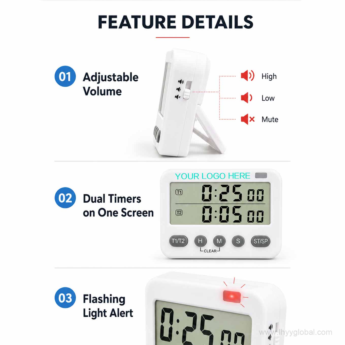 Digital Dual Timer with Adjustable Volume & Flashing Alert