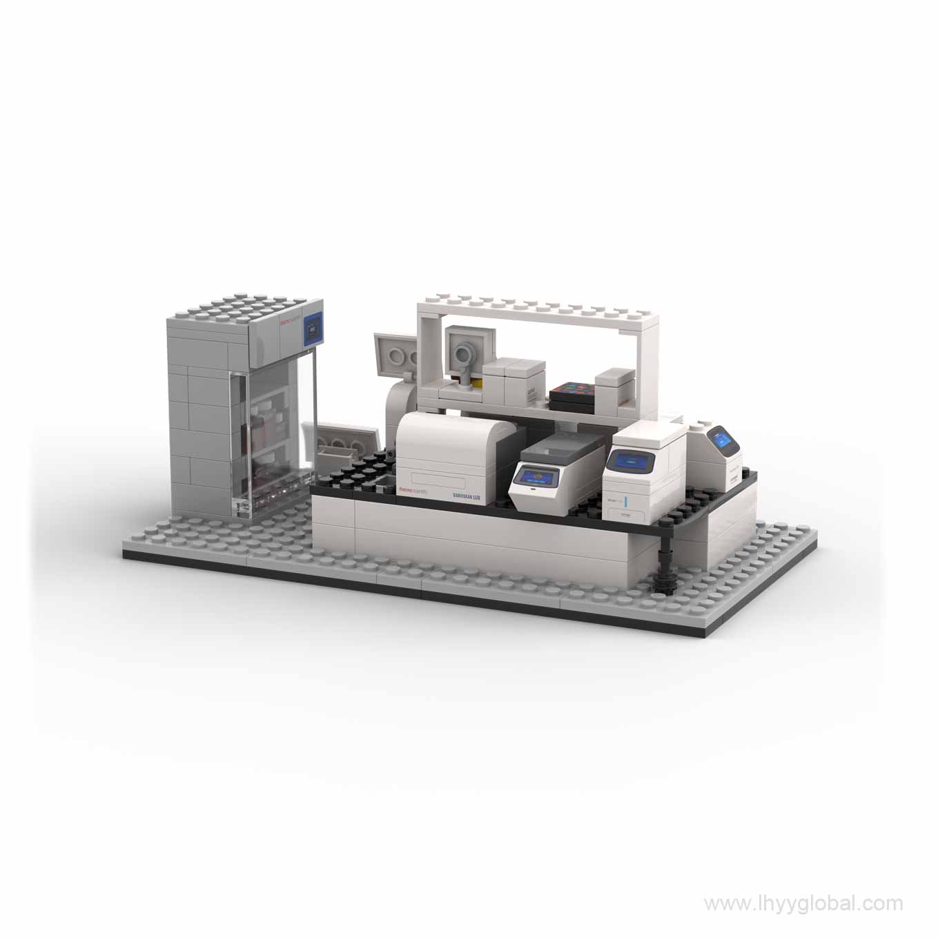Rear view of a custom biotechnology laboratory building block set with detailed workstations