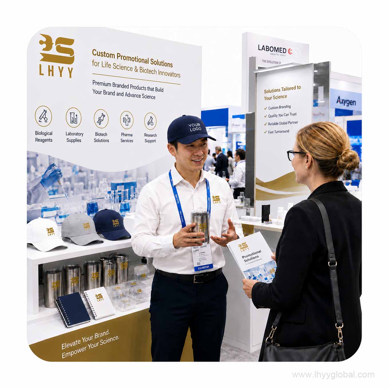 Rendered trade show booth scene displaying custom branded breathable caps for corporate events