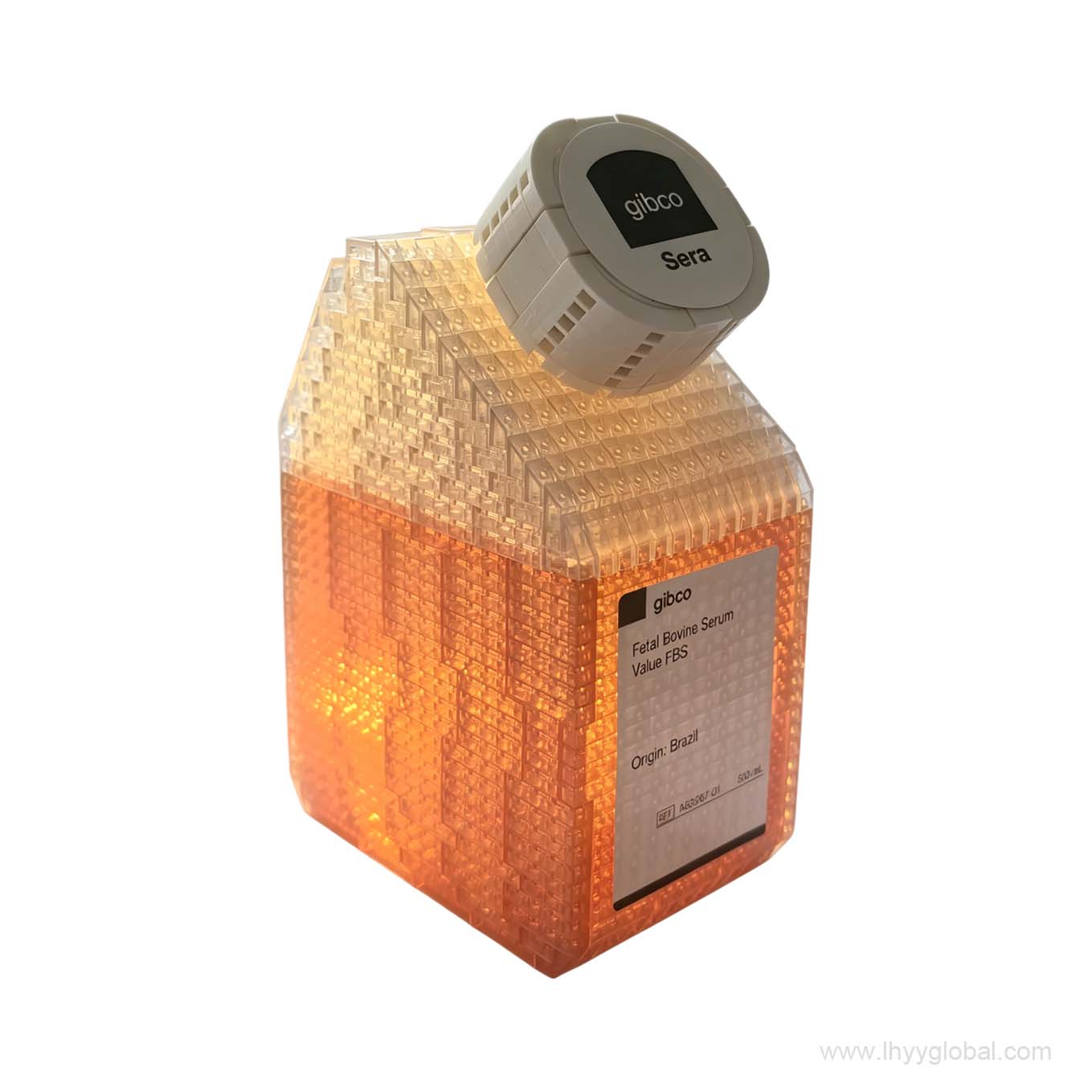 Side view of the amber FBS bottle micro brick model with a white cap