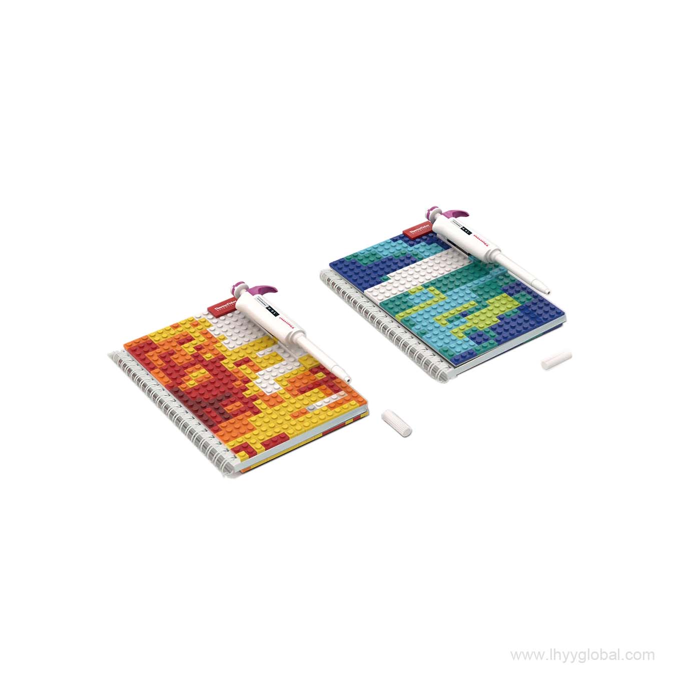 Custom Lego-compatible Brick Notebook featuring a detachable Finnpipette F3 pen and 273 building blocks for scientific laboratory fans.