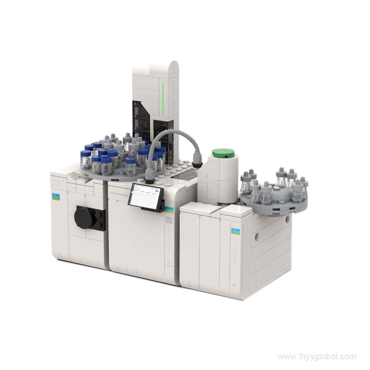 Highly detailed Lego-compatible building block set of the PerkinElmer GC 2400 Platform featuring the detachable touchscreen and autosampler tower.