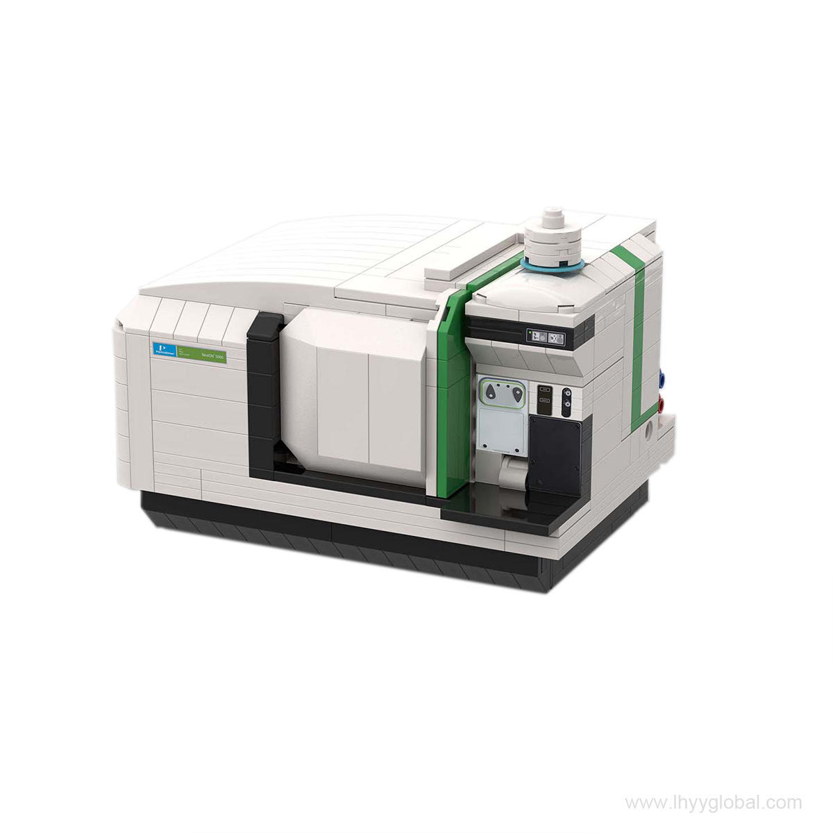 A high-quality Lego-compatible building block set of the PerkinElmer NexION 5000 Multi-Quadrupole ICP-MS, featuring signature white and green lab instrument design.