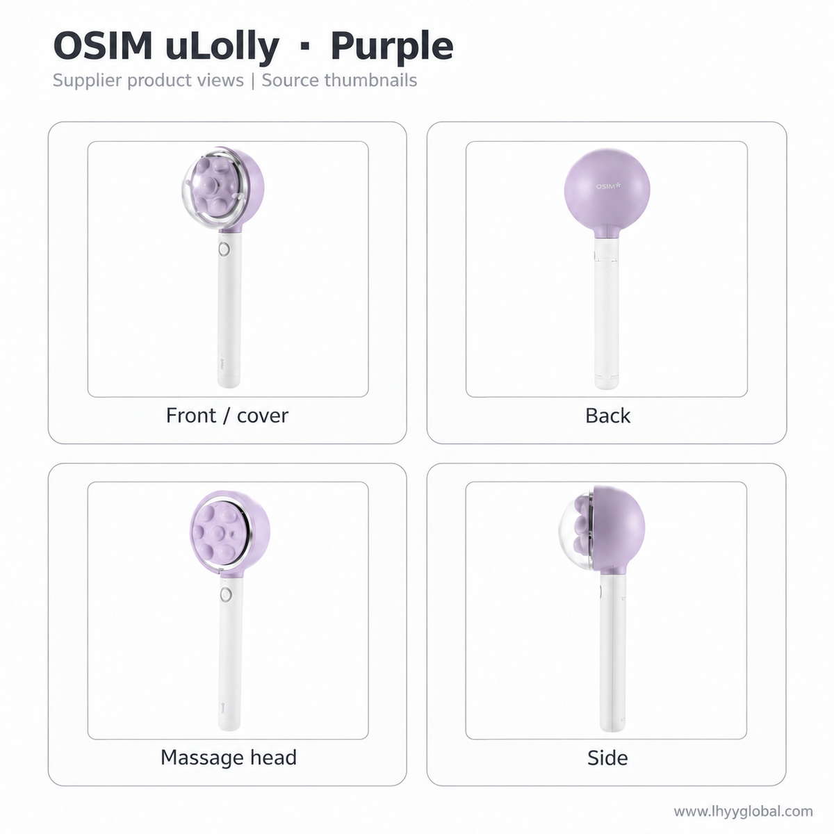 Front, back, massage head and side views of OSIM uLolly OS-2264 Purple