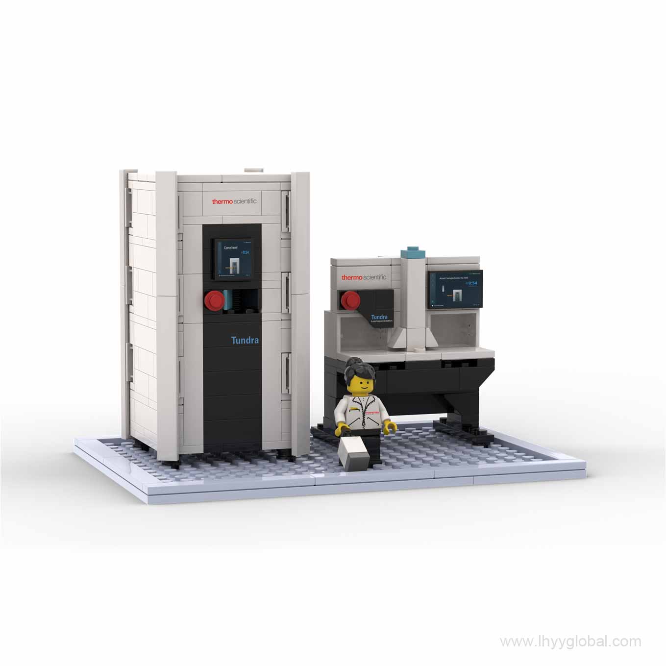 Rendered Tundra Cryo-TEM building block project with branded presentation box, model and desktop display scene