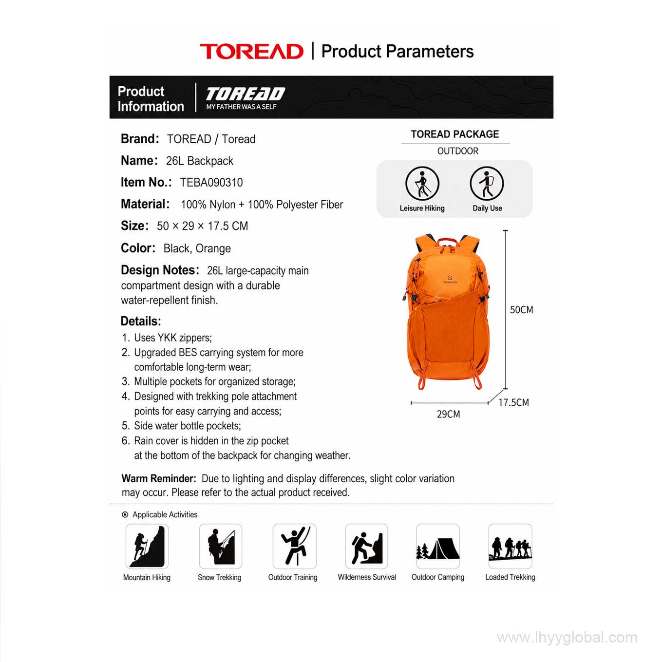 TOREAD 26L hiking backpack specifications including materials dimensions and features