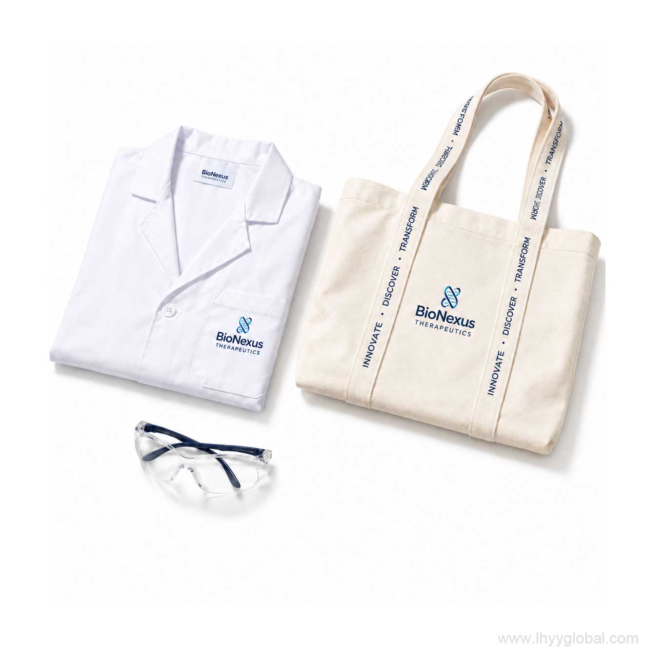 Premium customized scientific apparel and lab gear including custom embroidered laboratory coats, branded canvas tote bags, and safety goggles by LHYY