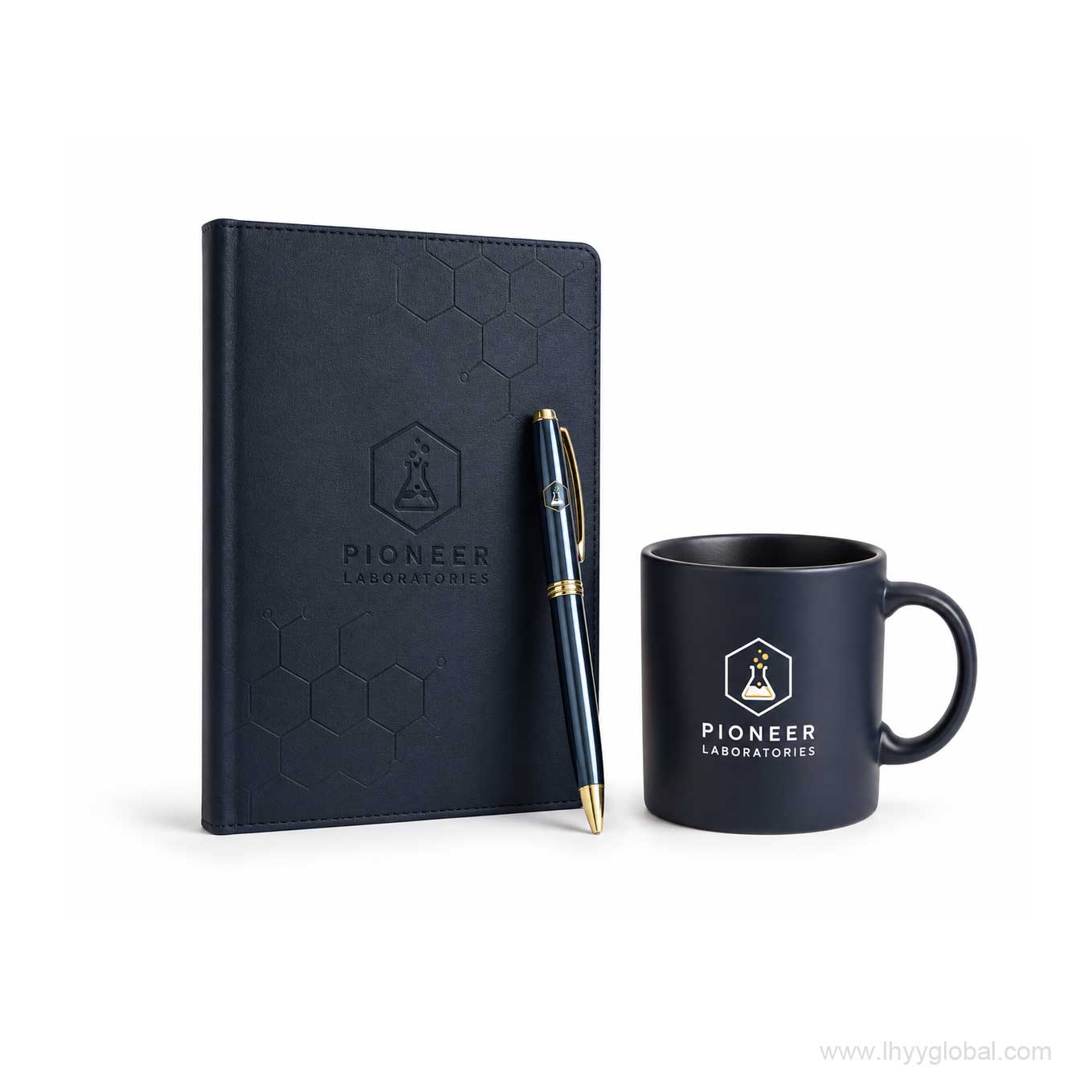 Premium customized scientific desktop gifts including customized leather notebook, metallic pen, and laboratory mug by LHYY.