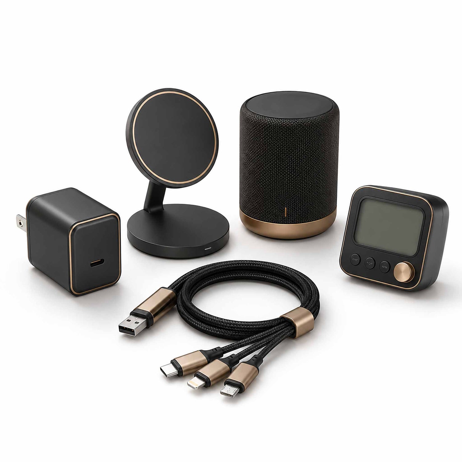 Custom tech and electronics gifts including chargers speakers timers and cables