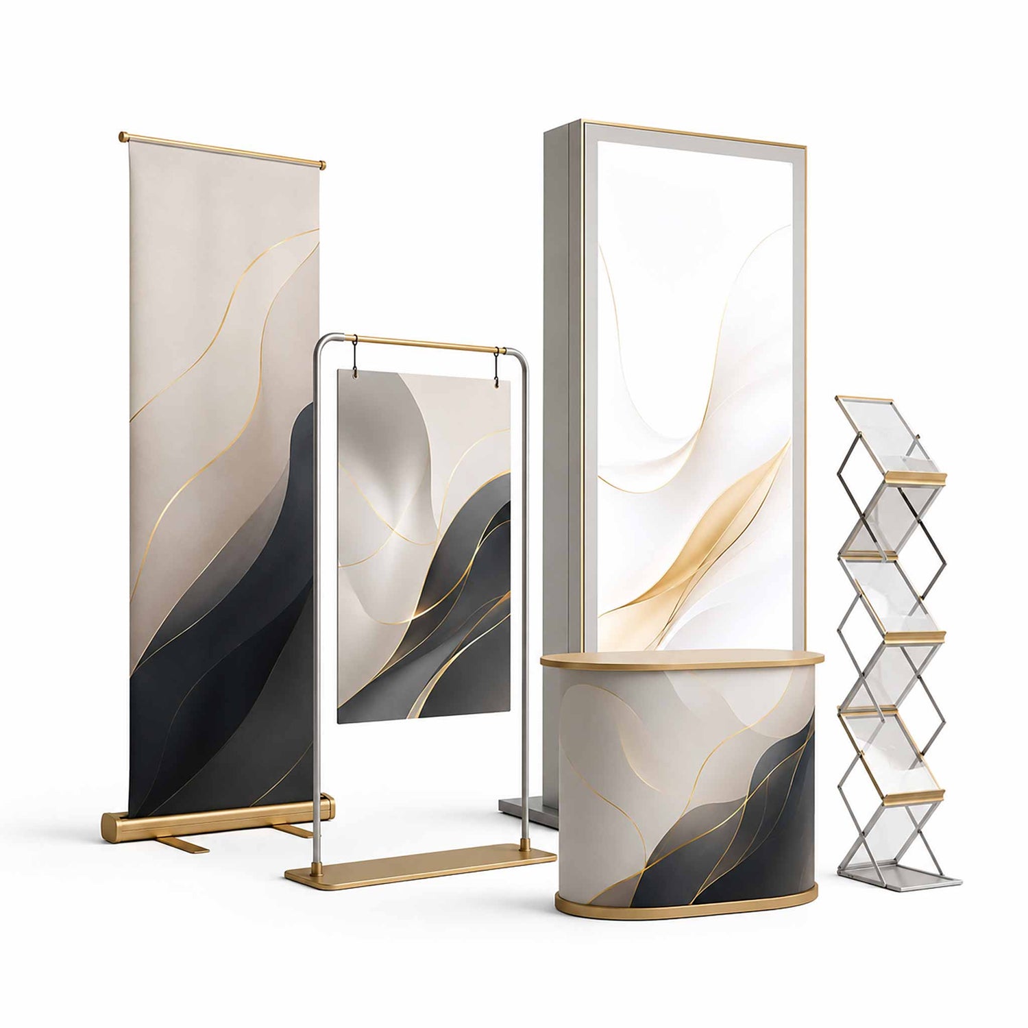 Trade show display supplies including banner stands and LED lightboxes