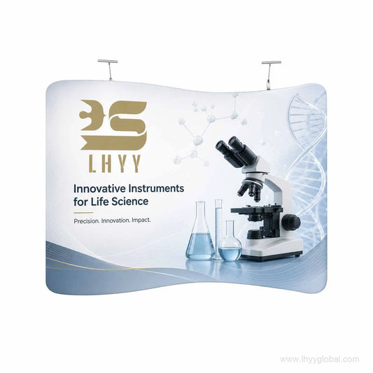 Custom 10 ft S-shaped tension fabric trade show backdrop with LHYY life science exhibition graphics and top lights