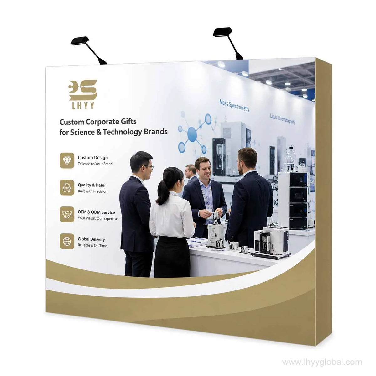 Custom 10 ft straight pop-up trade show display backdrop with printed fabric graphic and optional LED lights