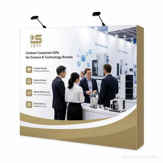 Custom 10 ft straight pop-up trade show display backdrop with printed fabric graphic and optional LED lights