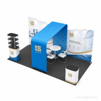 Rendered custom 10 ft trade show booth display concept with blue arch canopy, branded backwalls, meeting table and counters