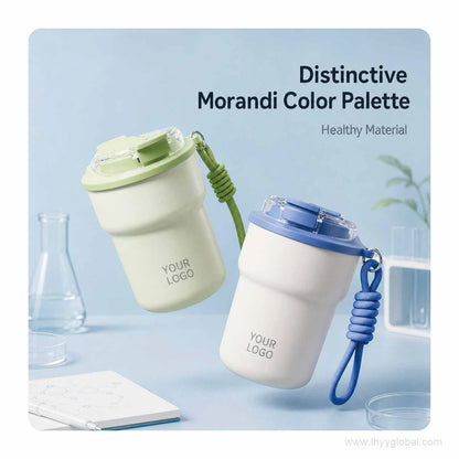 Custom logo 300 mL insulated coffee cup in Blue Ridge and Green Field color options with carry straps.
