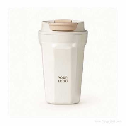 Custom logo 340 mL cream white coffee tumbler with beige flip lid on a clean light background.