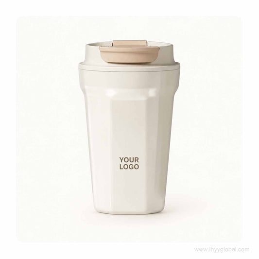 Custom logo 340 mL cream white coffee tumbler with beige flip lid on a clean light background.