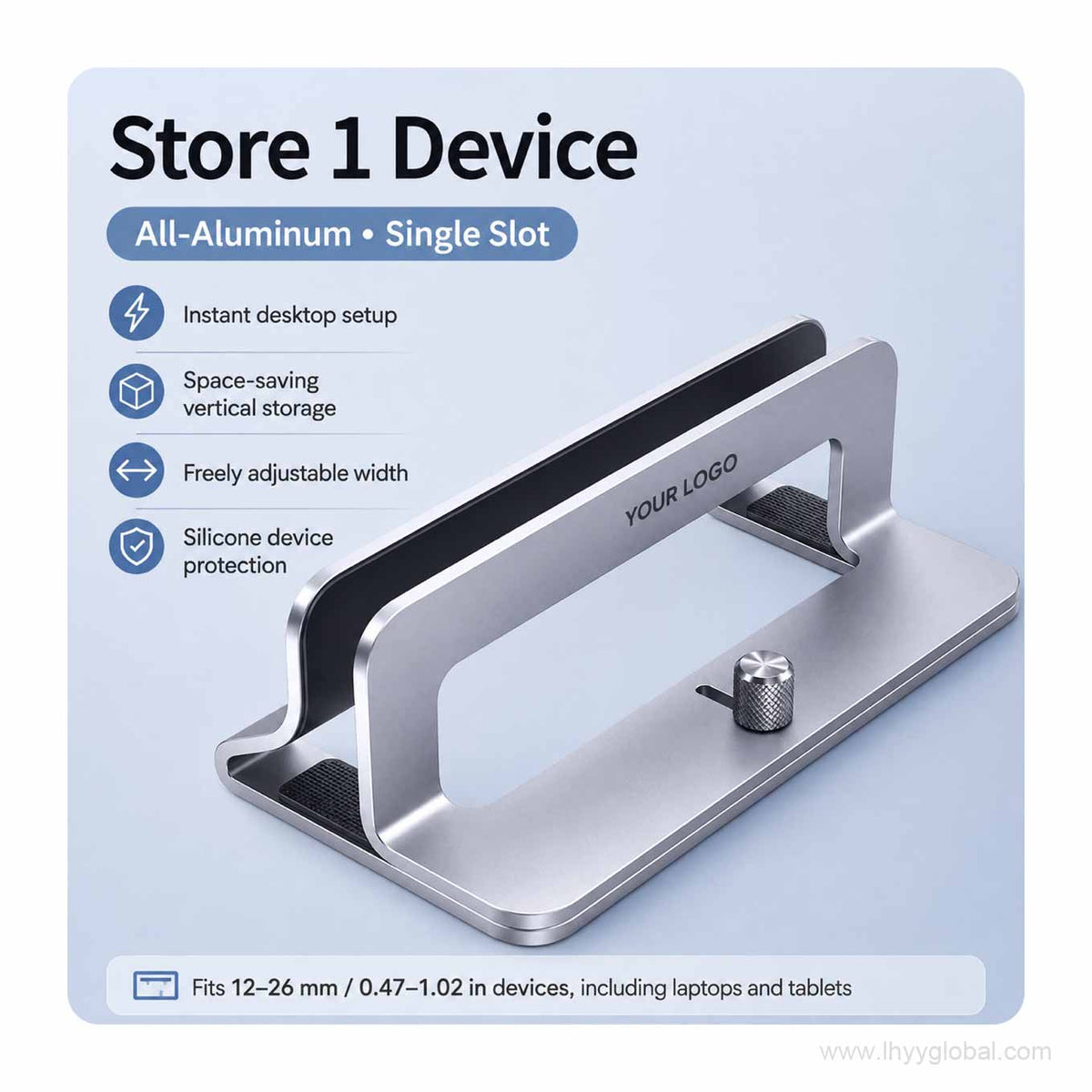 Custom logo adjustable aluminum vertical laptop stand in silver gray, single-slot version with tool-free width adjustment