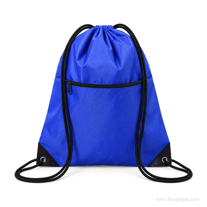 Custom blue drawstring bag with front zipper pocket, black cords and reinforced corner eyelets