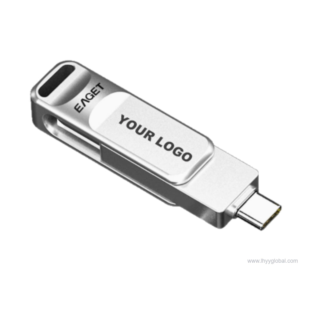 Custom logo dual USB-C and USB-A flash drive in silver with 360-degree swivel design