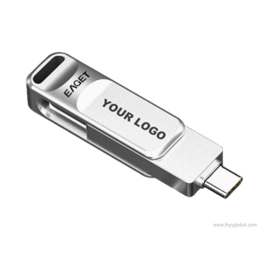 Custom logo dual USB-C and USB-A flash drive in silver with 360-degree swivel design