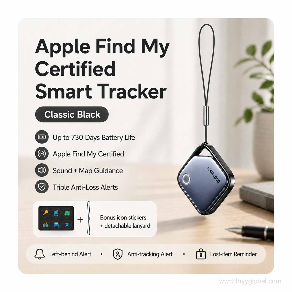 Custom logo smart tracker in black with detachable lanyard, compatible with Apple Find My