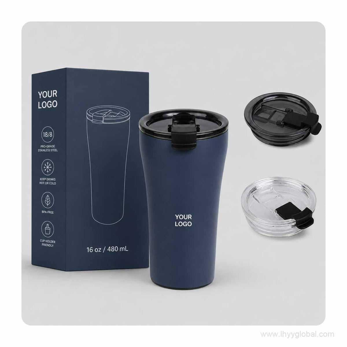Custom logo 480 mL vacuum insulated coffee tumbler with retail box and black or clear lid options.