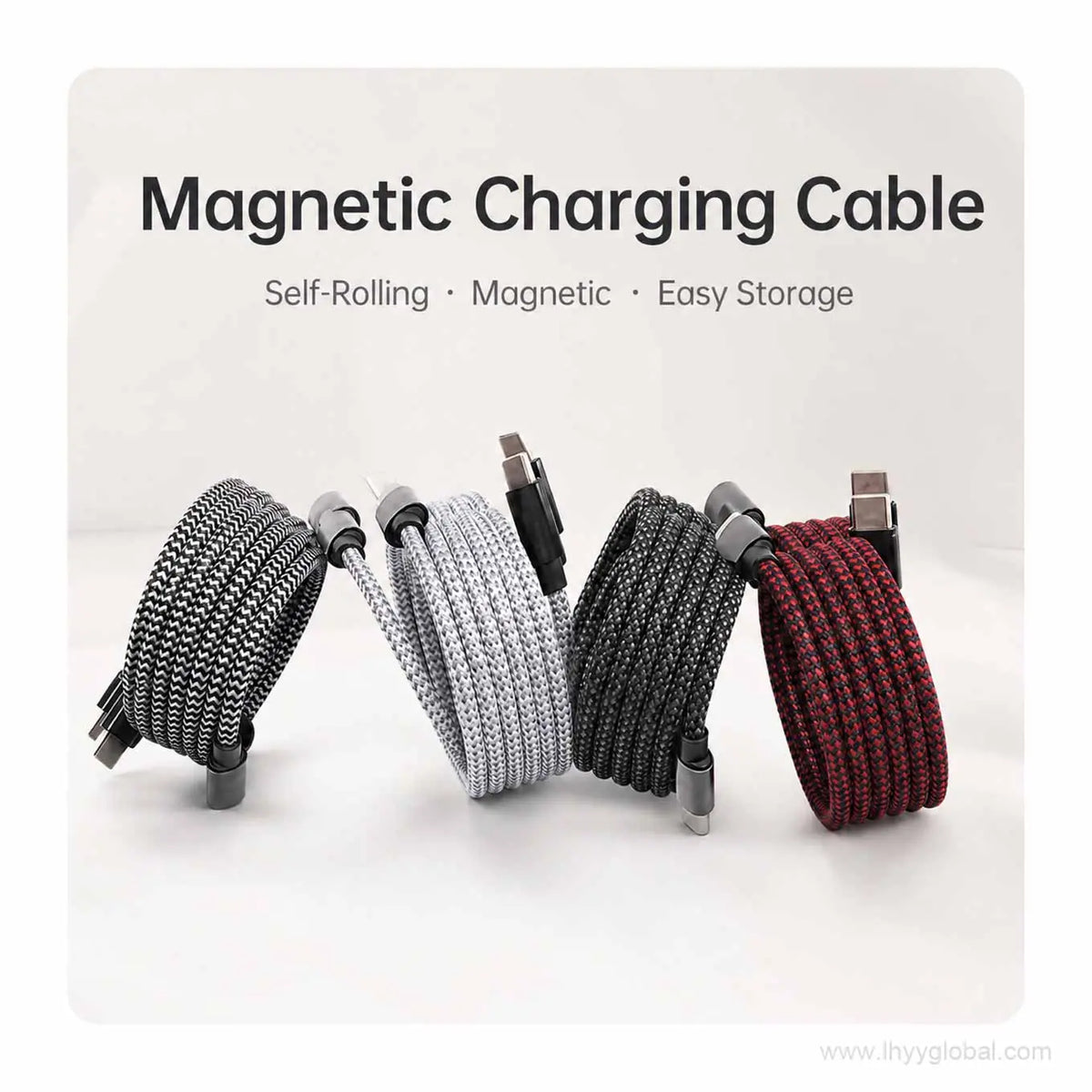 Magnetic self-coiling braided charging cables shown in black, silver gray, white and red-black color options.
