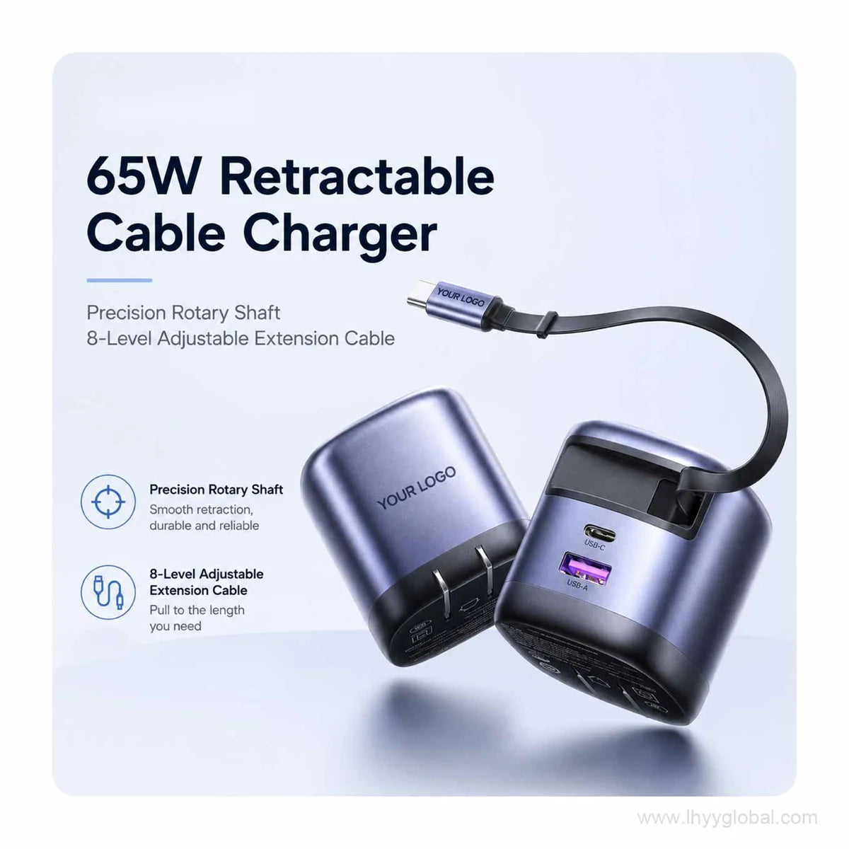 Custom logo 65W retractable GaN fast charger with built-in USB-C cable