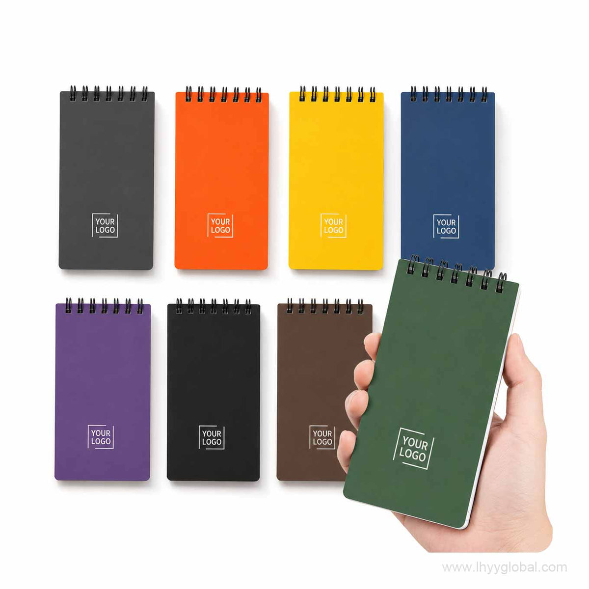 Custom logo waterproof pocket top-spiral notebook shown in eight cover colors with compact handheld size.