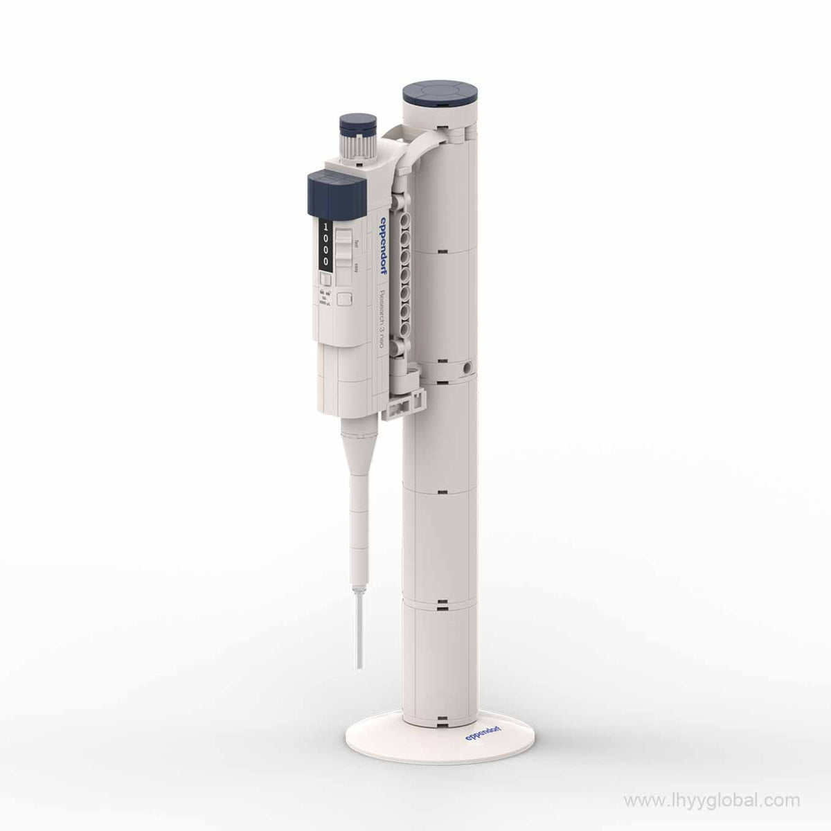 Eppendorf Research 3 neo pipette building block model in white and blue, displayed on a stand with a round base