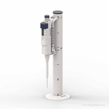 Eppendorf Research 3 neo pipette building block model in white and blue, displayed on a stand with a round base