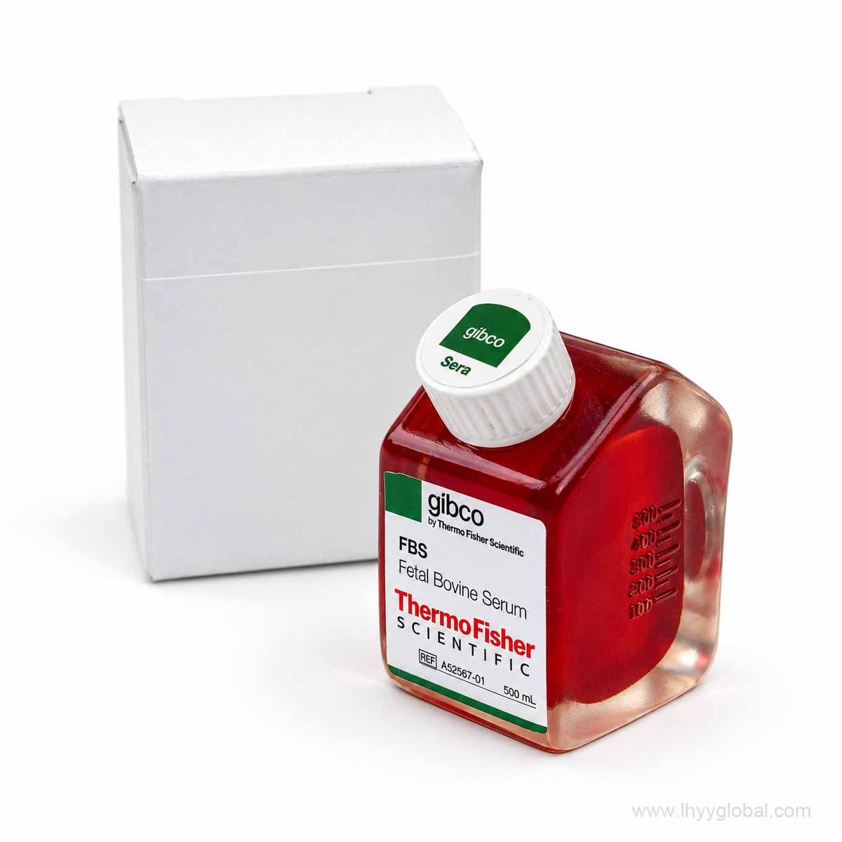 Red Gibco FBS bottle fridge magnet with translucent resin body and individual plain white packaging box.