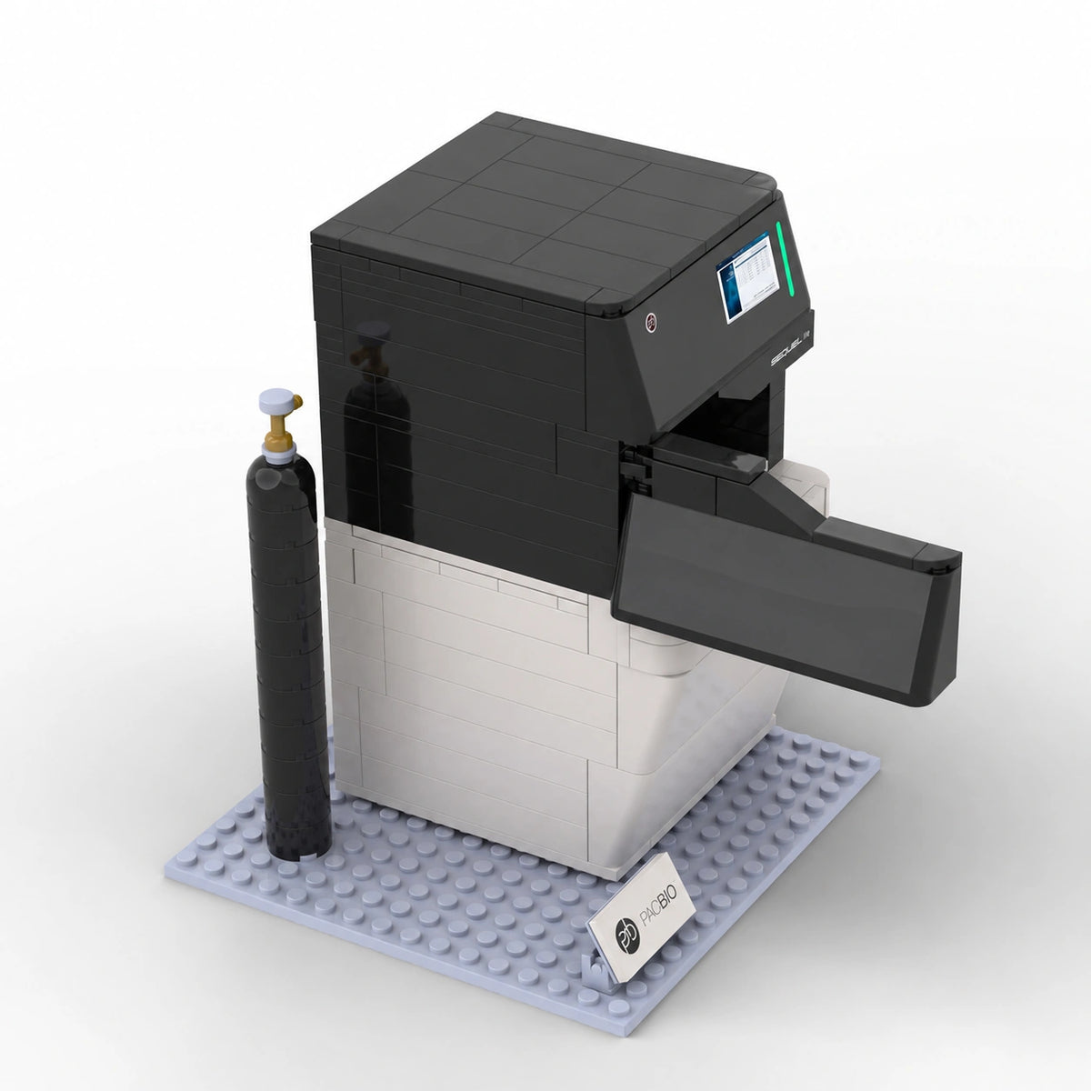 PacBio Sequel IIe 190-piece building block model with an open front door, cylinder accessory and display base