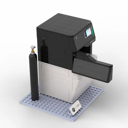 PacBio Sequel IIe 190-piece building block model with an open front door, cylinder accessory and display base