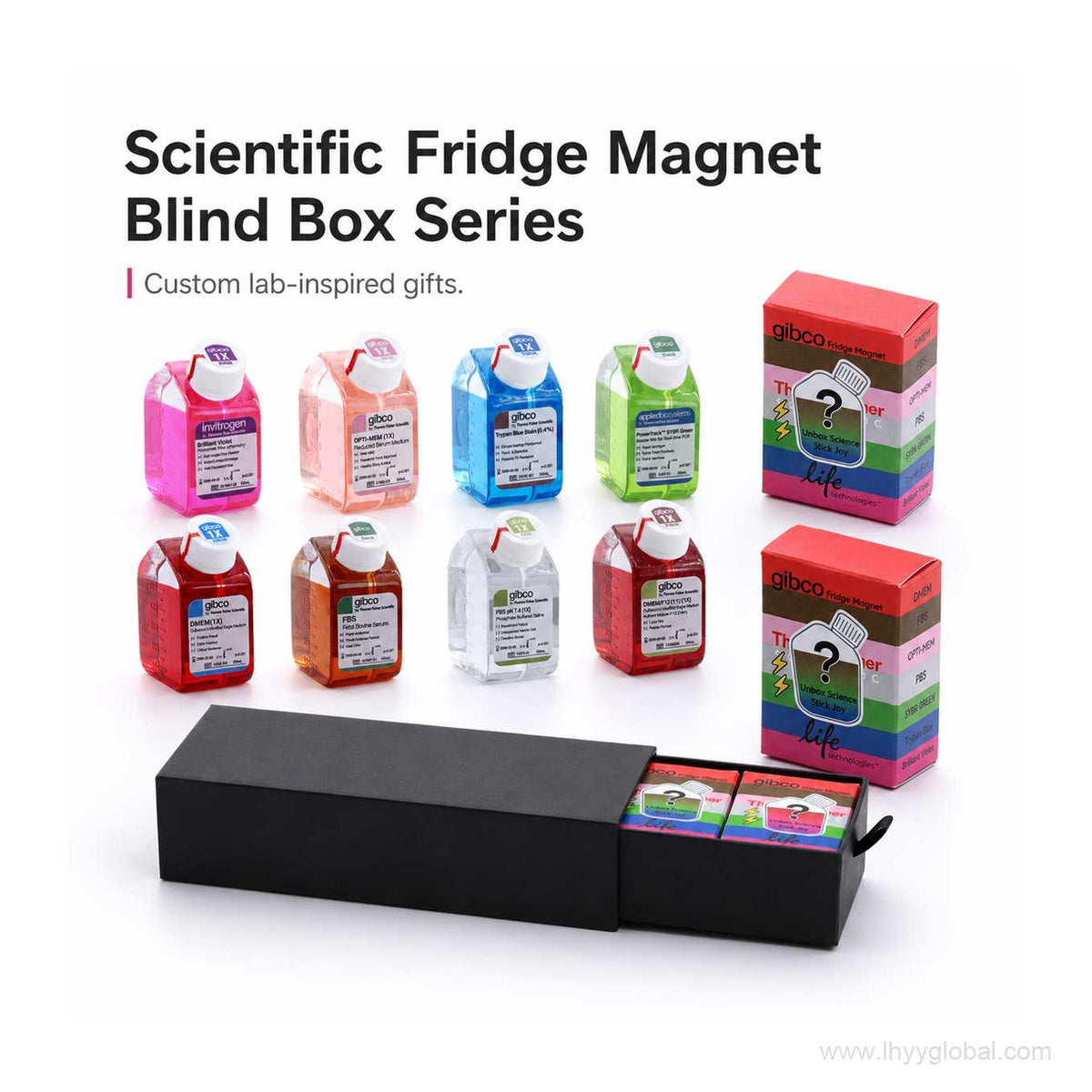 Scientific fridge magnet blind box series featuring eight lab-inspired bottle magnets, blind box packaging, and a custom presentation gift box.