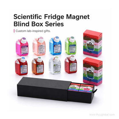 Scientific fridge magnet blind box series featuring eight lab-inspired bottle magnets, blind box packaging, and a custom presentation gift box.