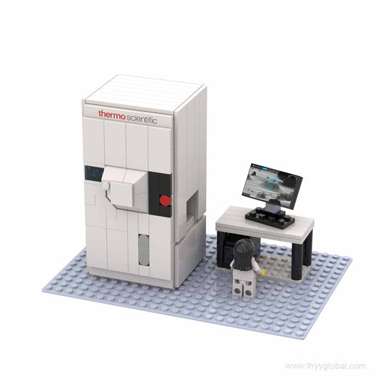 Thermo Scientific Arctis Cryo-PFIB 248-piece building block model with laboratory workstation on a gray display base