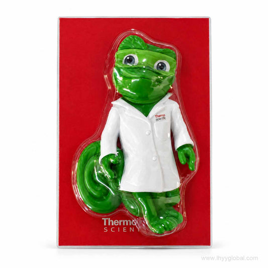 Thermo Scientific Charlie Chromeleon 3D fridge magnet with green chameleon scientist character in red branded packaging