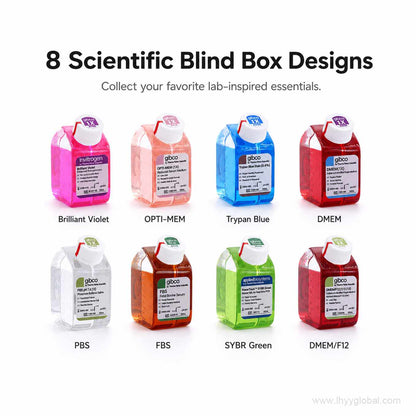 Eight scientific blind box magnet designs including Brilliant Violet, OPTI-MEM, Trypan Blue, DMEM, PBS, FBS, SYBR Green, and DMEM/F12.