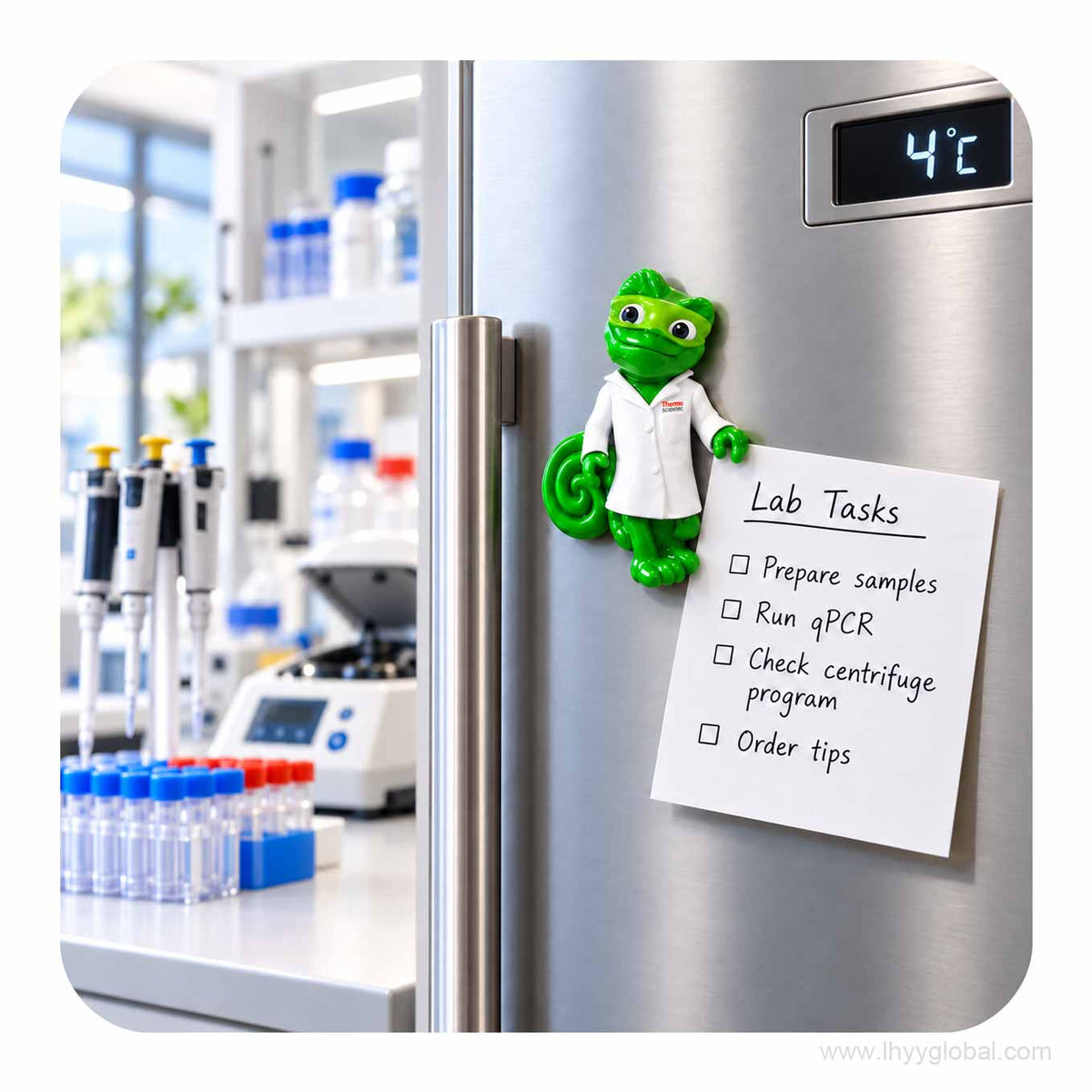 Charlie Chromeleon 10 cm scientist chameleon fridge magnet displayed on a laboratory refrigerator with a lab task checklist