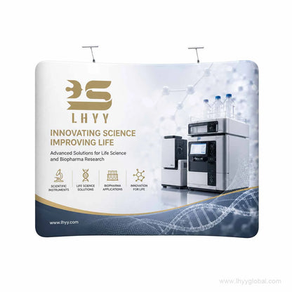 Custom 10 ft S-shaped fabric trade show backdrop with scientific instrument graphics and LHYY branding
