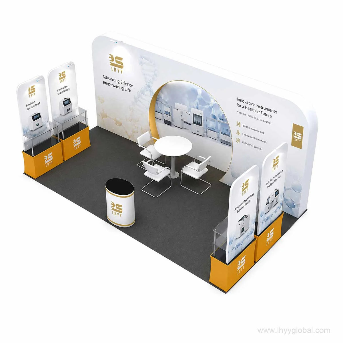 Rendered custom trade show booth concept with large branded backwall, product display shelves, meeting table and counters