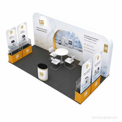 Rendered custom trade show booth concept with large branded backwall, product display shelves, meeting table and counters