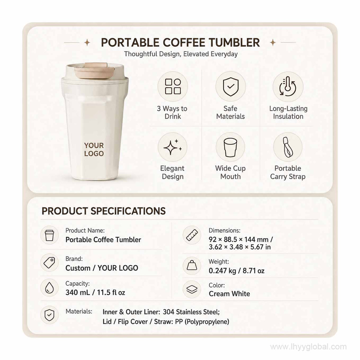 Custom logo 340 mL coffee tumbler specification graphic showing capacity, dimensions, weight, color and materials.